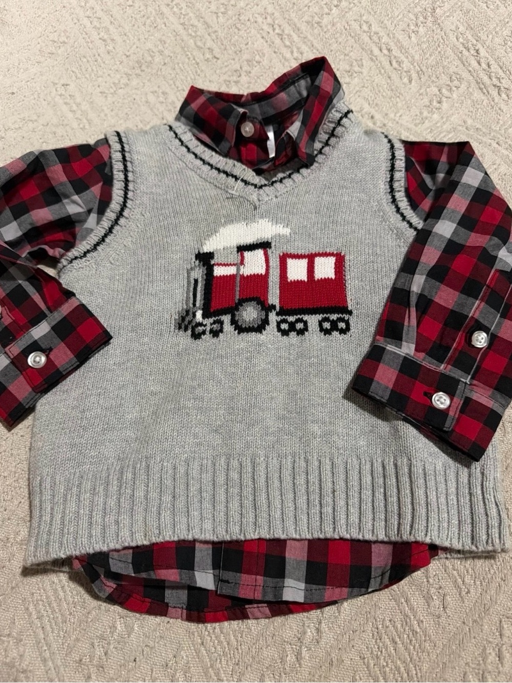 Baby boy Plaid Button-Down Shirt w/ Gray Train Knit Vest 🚂